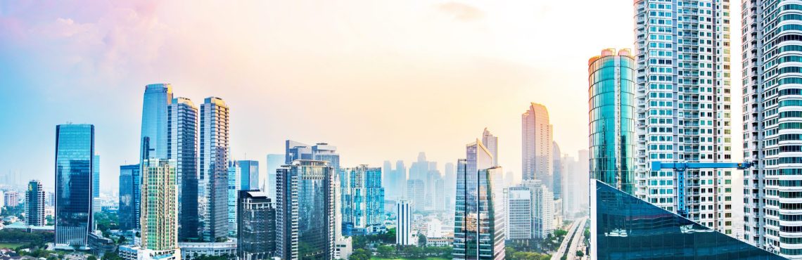 Panoramic Jakarta skyline with urban skyscrapers in the afternoon. Jakarta, Indonesia